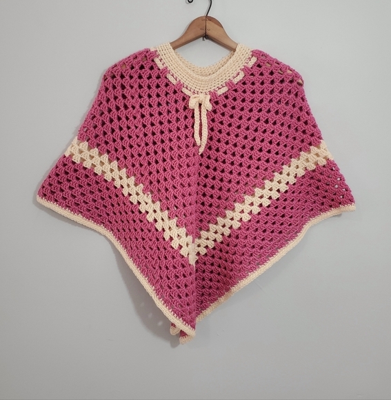 Handmade Pink/Cream Loose Knit Poncho - Picture 1 of 3